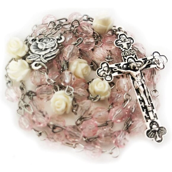 Lourdes Blush Pink Crystal Bead Rosary Necklace for Women with Virgin Mary Cente - Picture 2 of 6